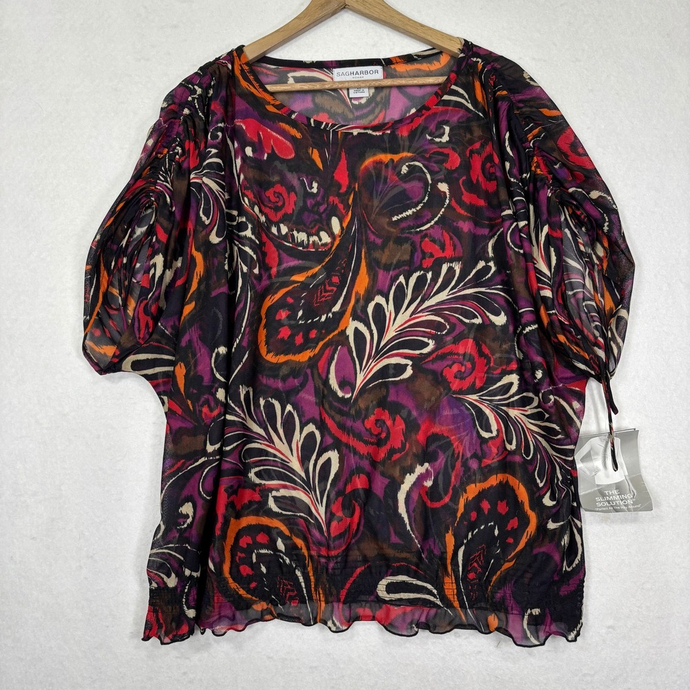 Sag Harbor Mesh Blouse 2X NWT Sheer Paisley Ruched Sleeve Boho